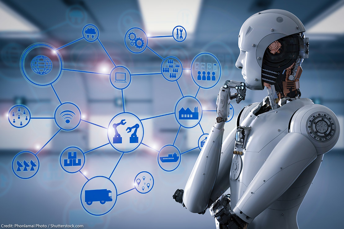 A 3D Robot staring at an industrial network chain link.