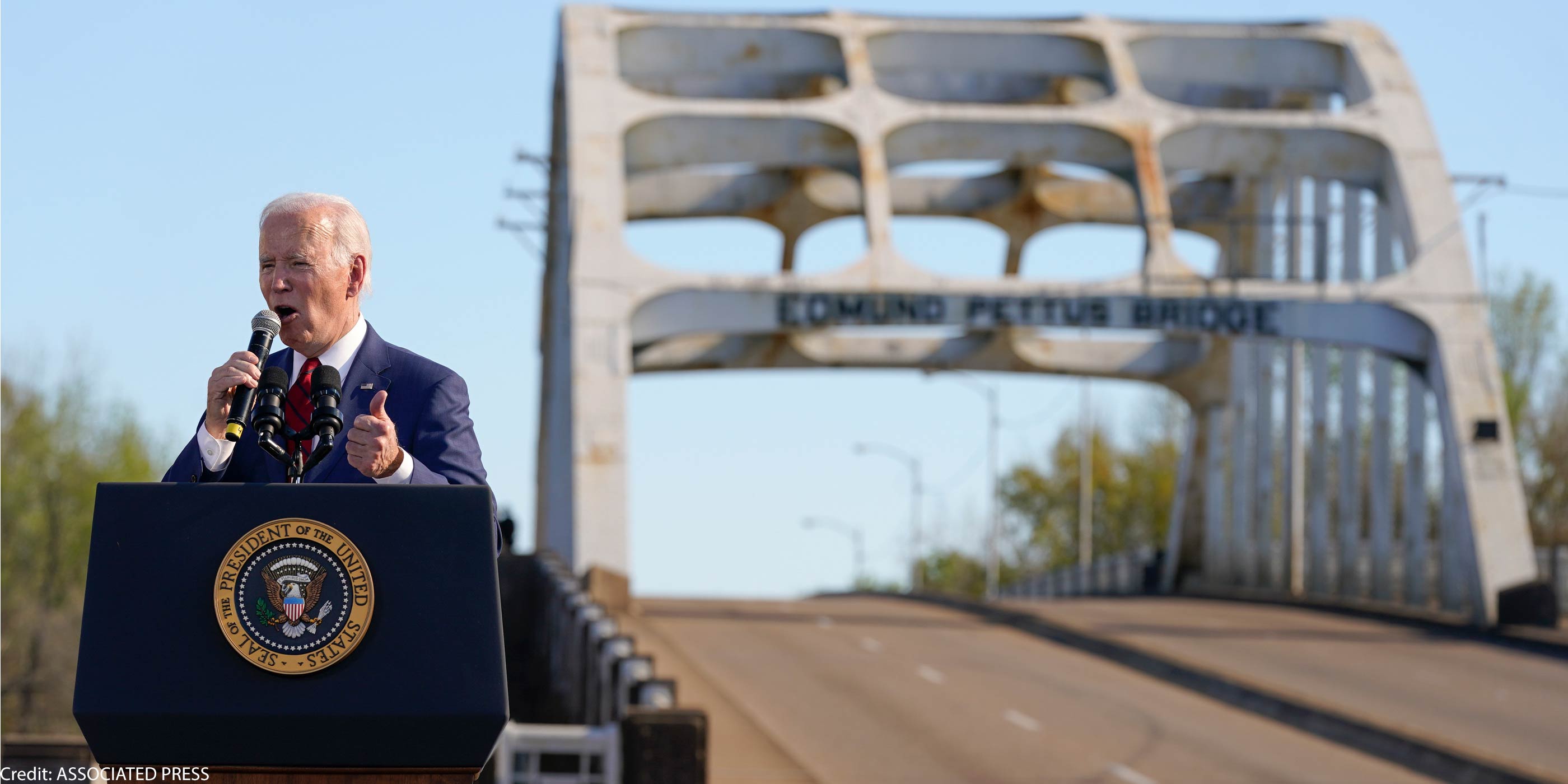 President Joe Biden speaks near the Edmund Pettus Bridge in Selma, Ala., Sunday, March 5, 2023, to commemorate the 58th anniversary of Bloody Sunday.