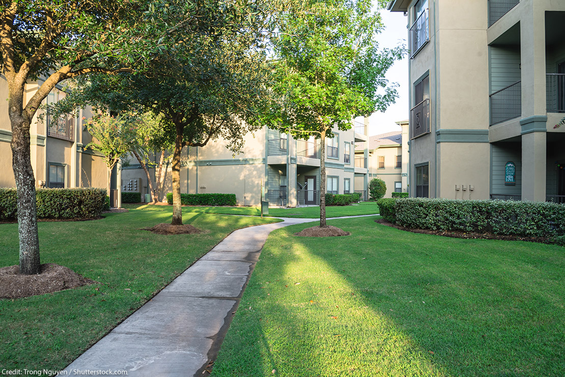 Clean lawn and tidy oak trees in front of an apartment complex