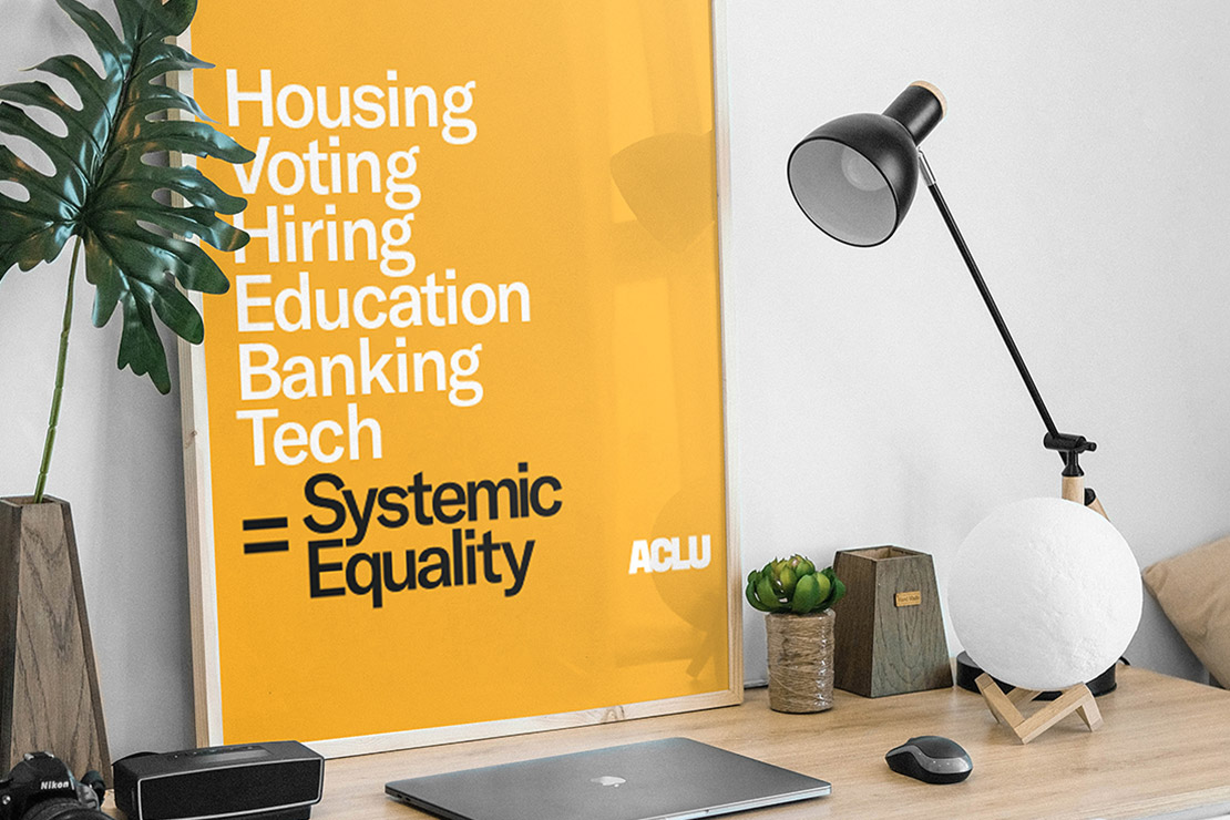 A picture of ACLU's systemic equality poster framed and placed on top of a desk.