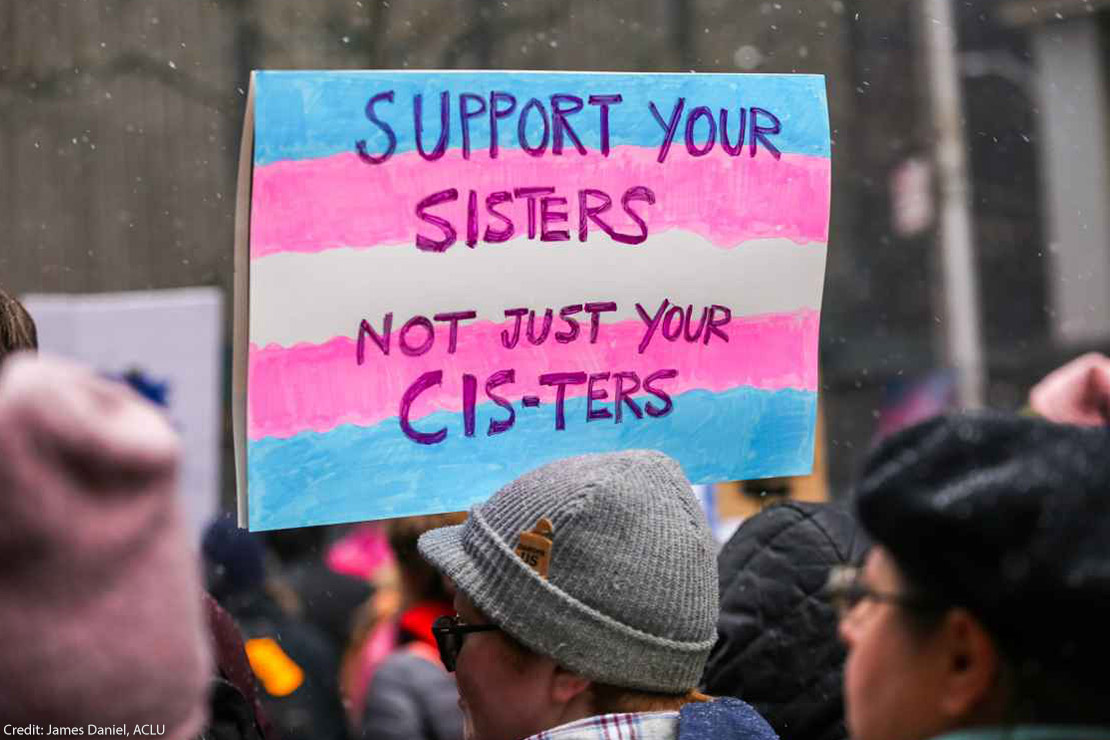 A demonstration sign reading "Support Your Sisters, Not Just Your Cis-ters."