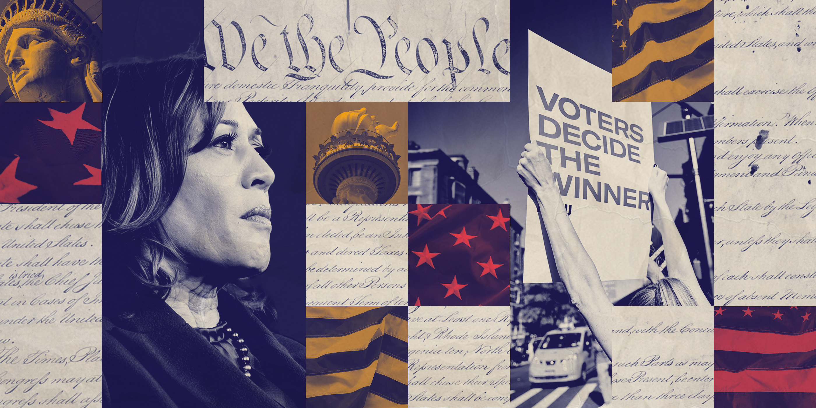 A graphic featuring Harris and imagery pertaining to voting rights.