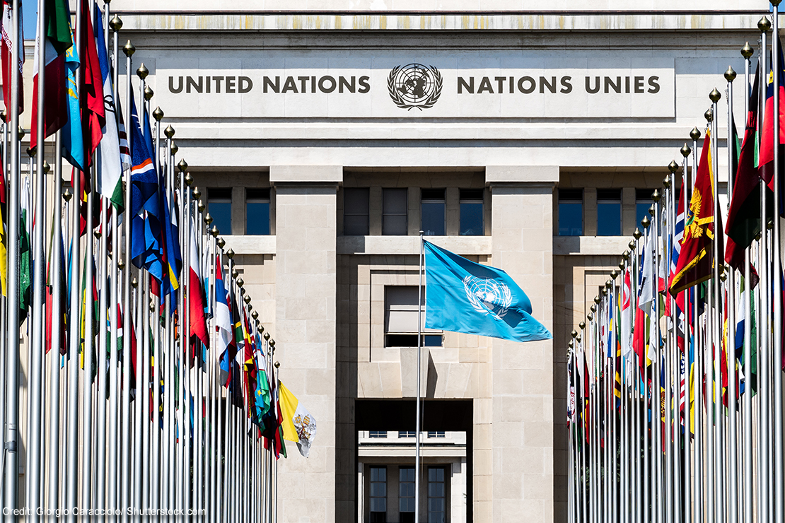 National flags at the entrance of the UN office in Geneva, Switzerland.