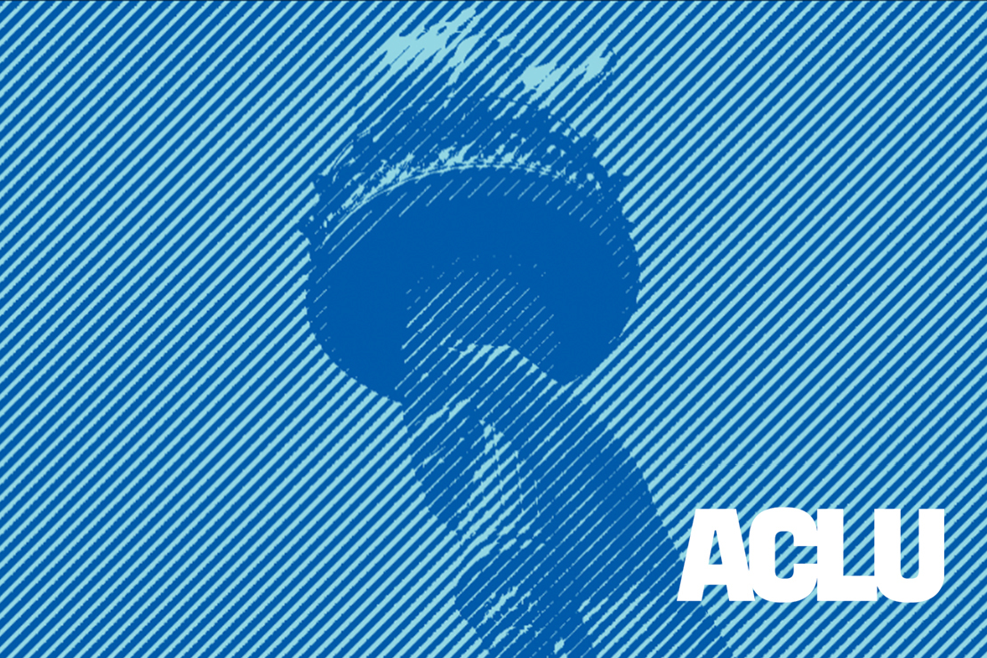 ACLU logo and Statue of Liberty torch in blue overlay