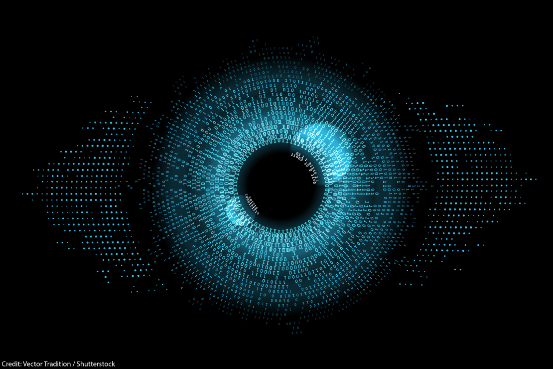 Digital eye composed of ones and zeros.