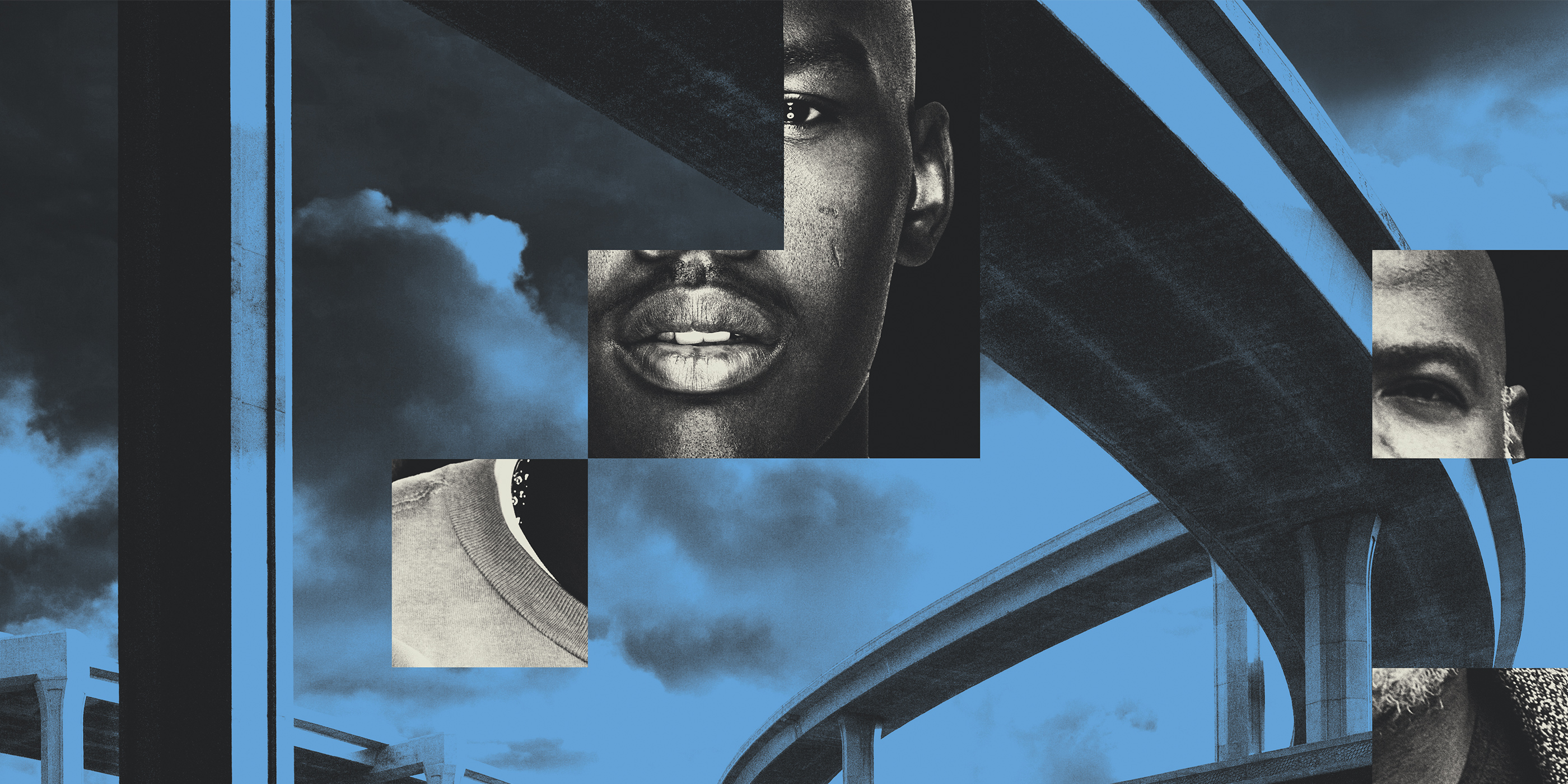 A collage of black faces with an elevated highway on a blue background.