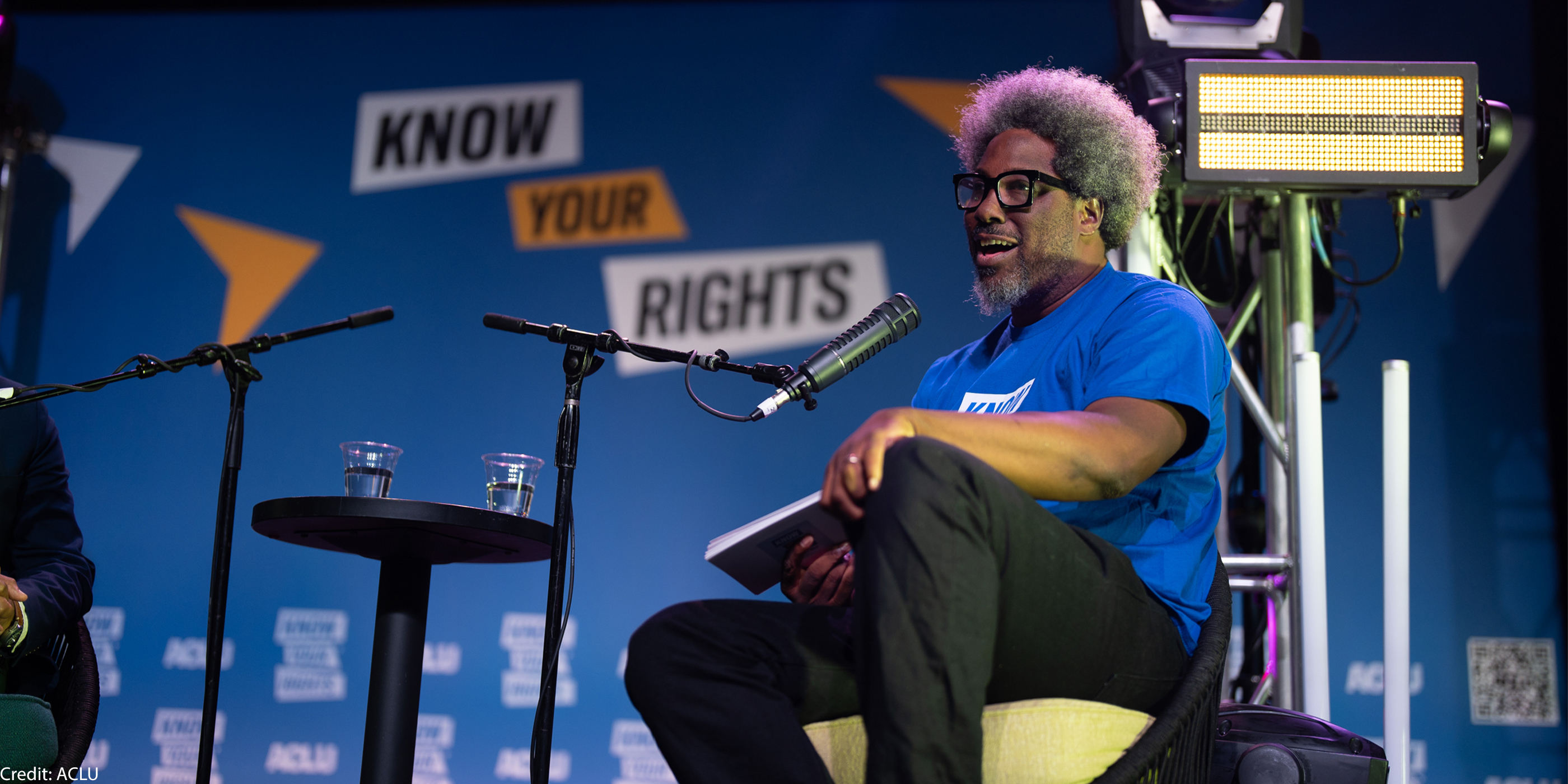 W. Kamau Bell onstage interview during the Know Your Rights bus tour.