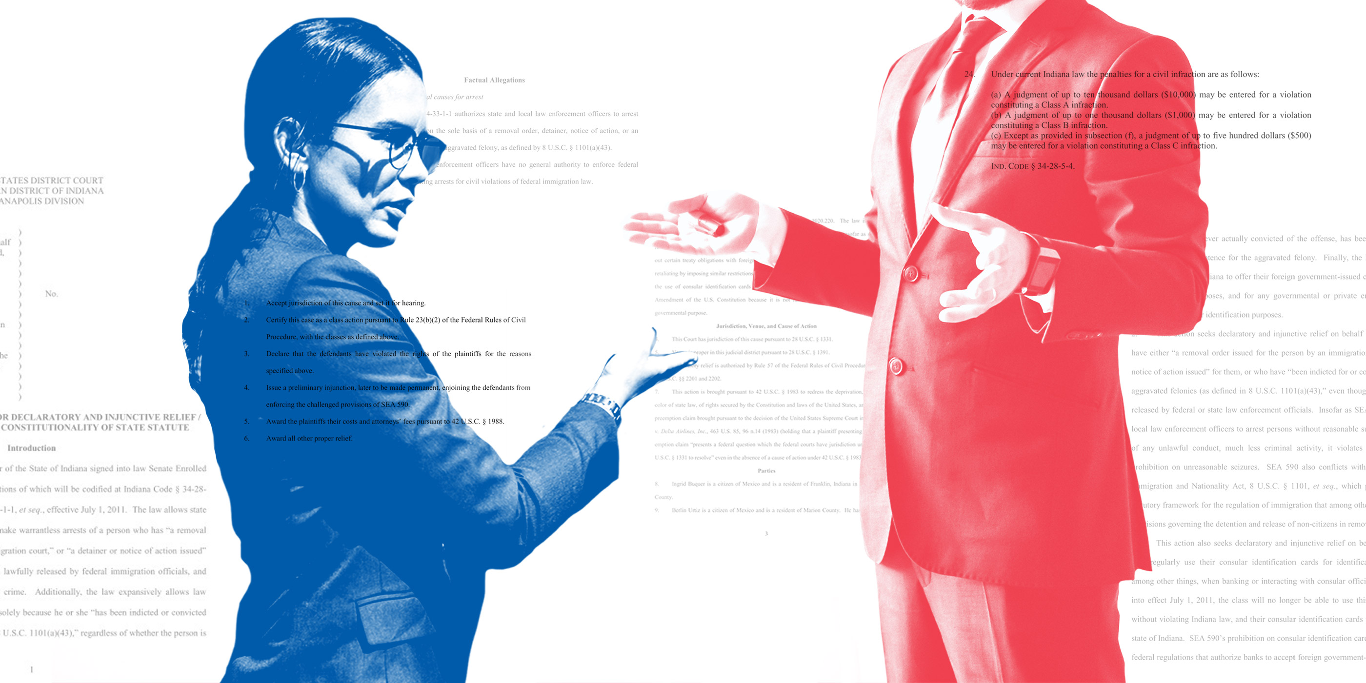 A photo collage of two lawyers, one shaded blue and one shaded red, against a white background with bits of text from legal documents layered over them and in the background