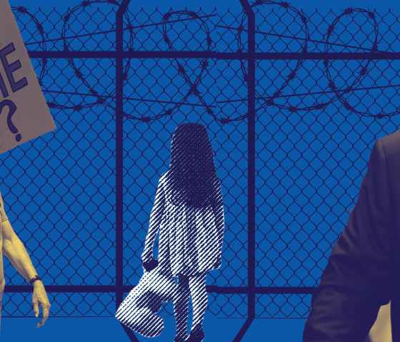 Child facing in front of a barb wire fence with Protesters on the left side and Trump on the right