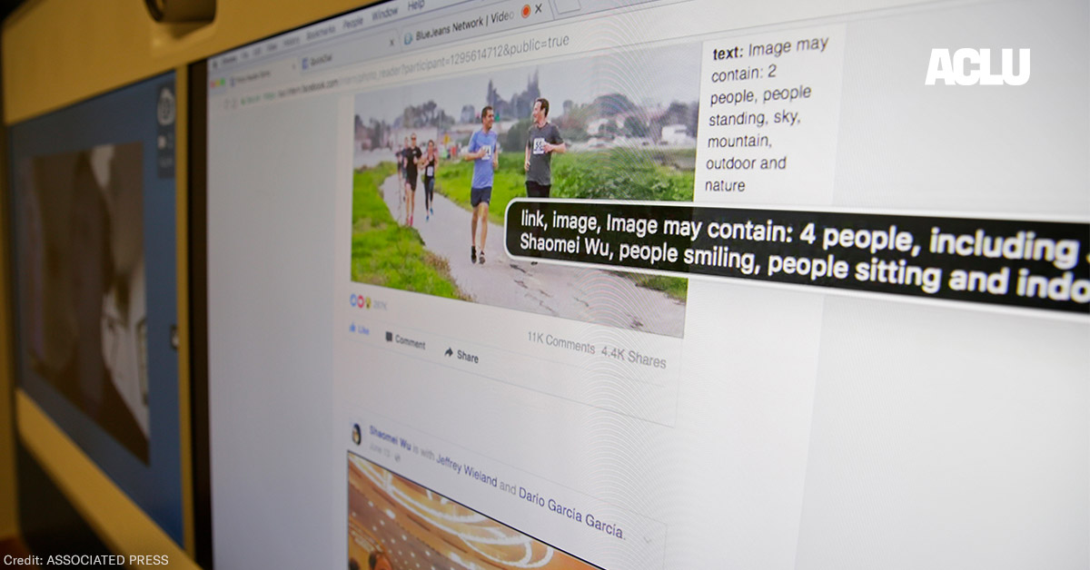 A screen displaying Facebook&#039;s facial recognition technology