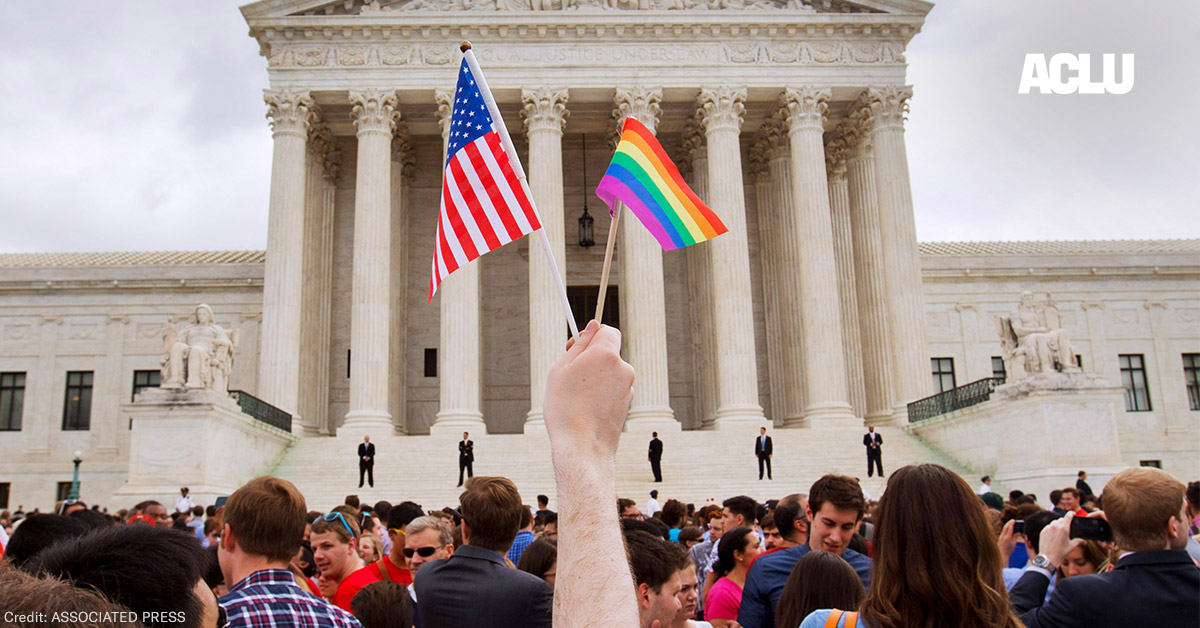 A crowd celebrates outside of the Supreme Court in Washington after the court declared that same-sex couples have a right to marry anywhere in the U.S.