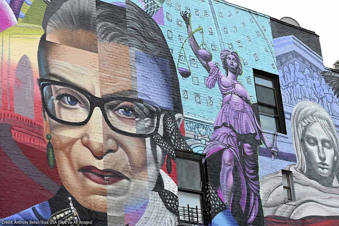 A mural of the late Supreme Court Justice Ruth Bader Ginsburg is seen at the corner of First Avenue and East 11th Street in The East Village, New York, NY, November 19, 2020.